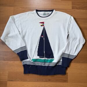 Men's Vintage 90's 417 Van Heusen Sailing Sailboat White Knit Sweater Sz Medium
